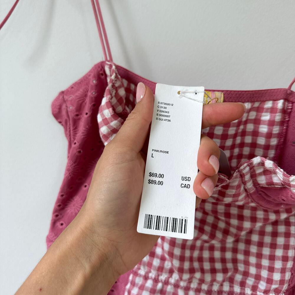 Urban Outfitters Felicity Eyelet Bustier Gingham Print Mini Dress Pink L NWT - Picture 8 of 10